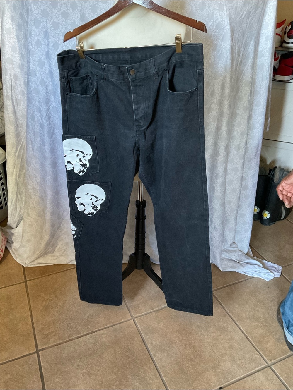 Black Carpenter Pants with White Skull Panels